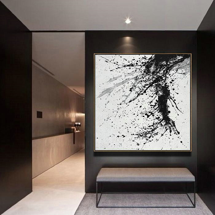 Large Abstract Painting Canvas Art,Minimalist Drip Painting On Canvas, Black, White, Grey - Abstract Art Decor,Contemporary Painting
